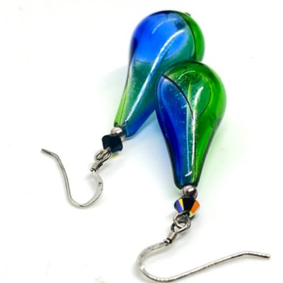 GREEN BLUE ART GLASS DROP EARRINGS STERLING 925 HOOKS HANDMADE MURANO STYLE - Picture 11 of 15